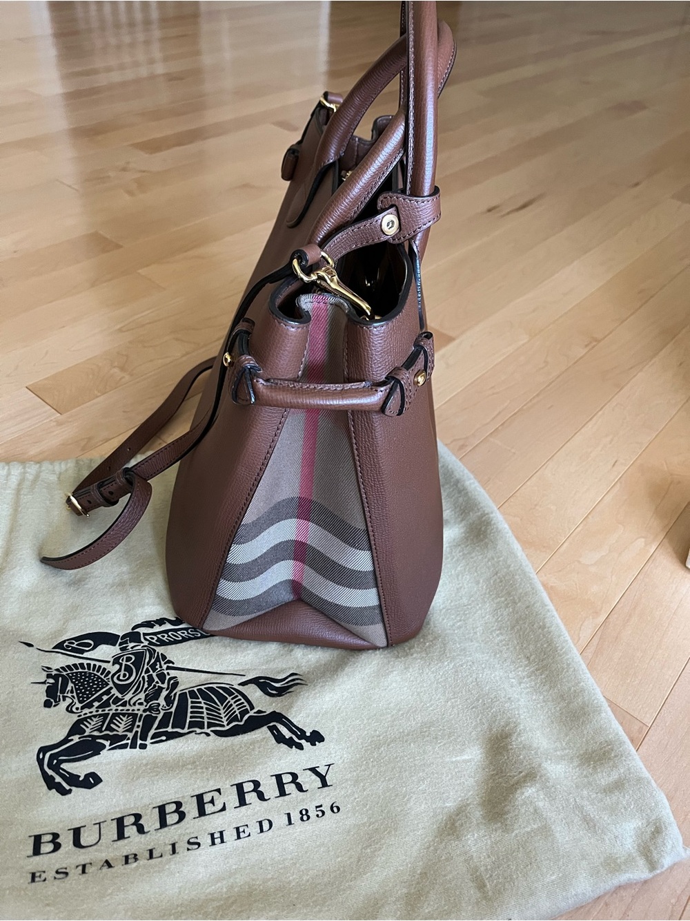 Burberry Brown Leather Shoulder Bag with Check Stripe